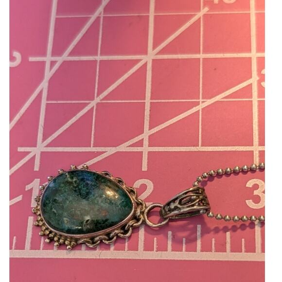 Vintage Chrysocolla 925 Sterling Silver Pendant on Bead Ball Chain Marked 925 - Picture 5 of 7
